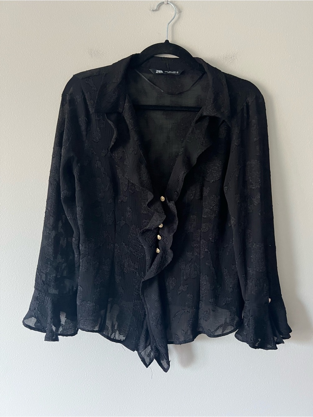 Zara Sheer Black Floral Ruffle Blouse Bell Sleeve Romantic Top S